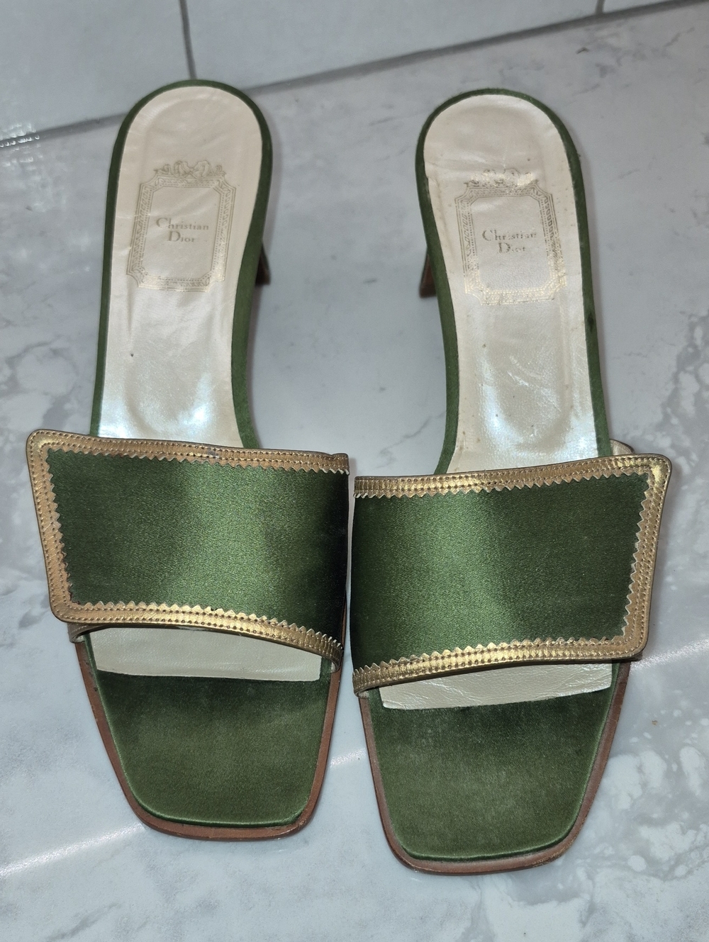 Christian Dior Green Silk Slide Mules with Gold Trim